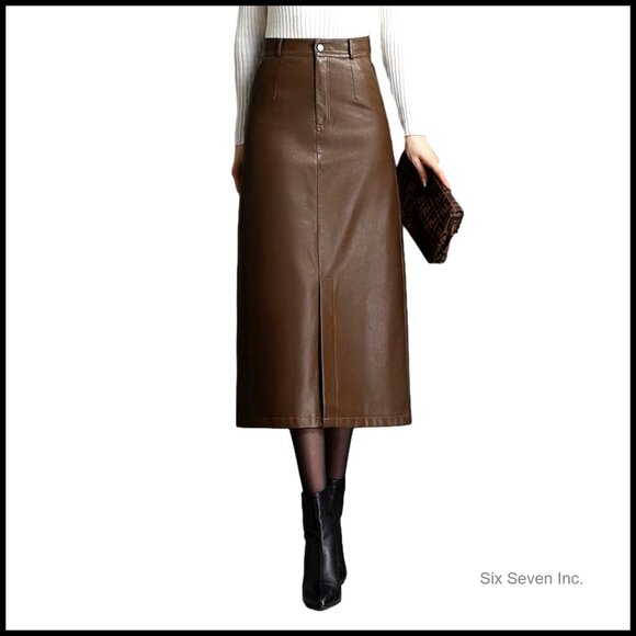 High Waisted Midi Leather Skirt with Slit Bodycon Fit for Fall Winter